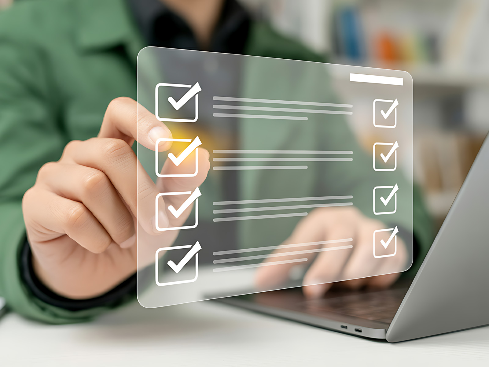 Close-up of a hand tapping a transparent on-screen checklist with multiple checked boxes over a laptop.