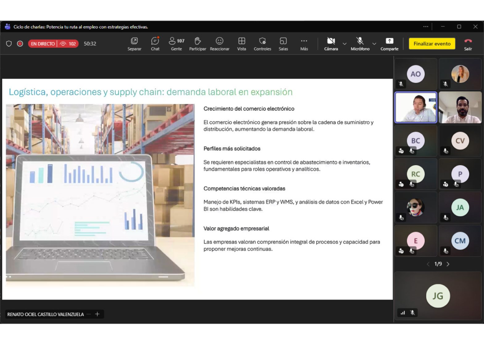 Slide de una entrega en una videoconferencia: título en español sobre logística y demanda laboral, imagen de almacén y portátil con gráficos; panel de participantes a la derecha.
