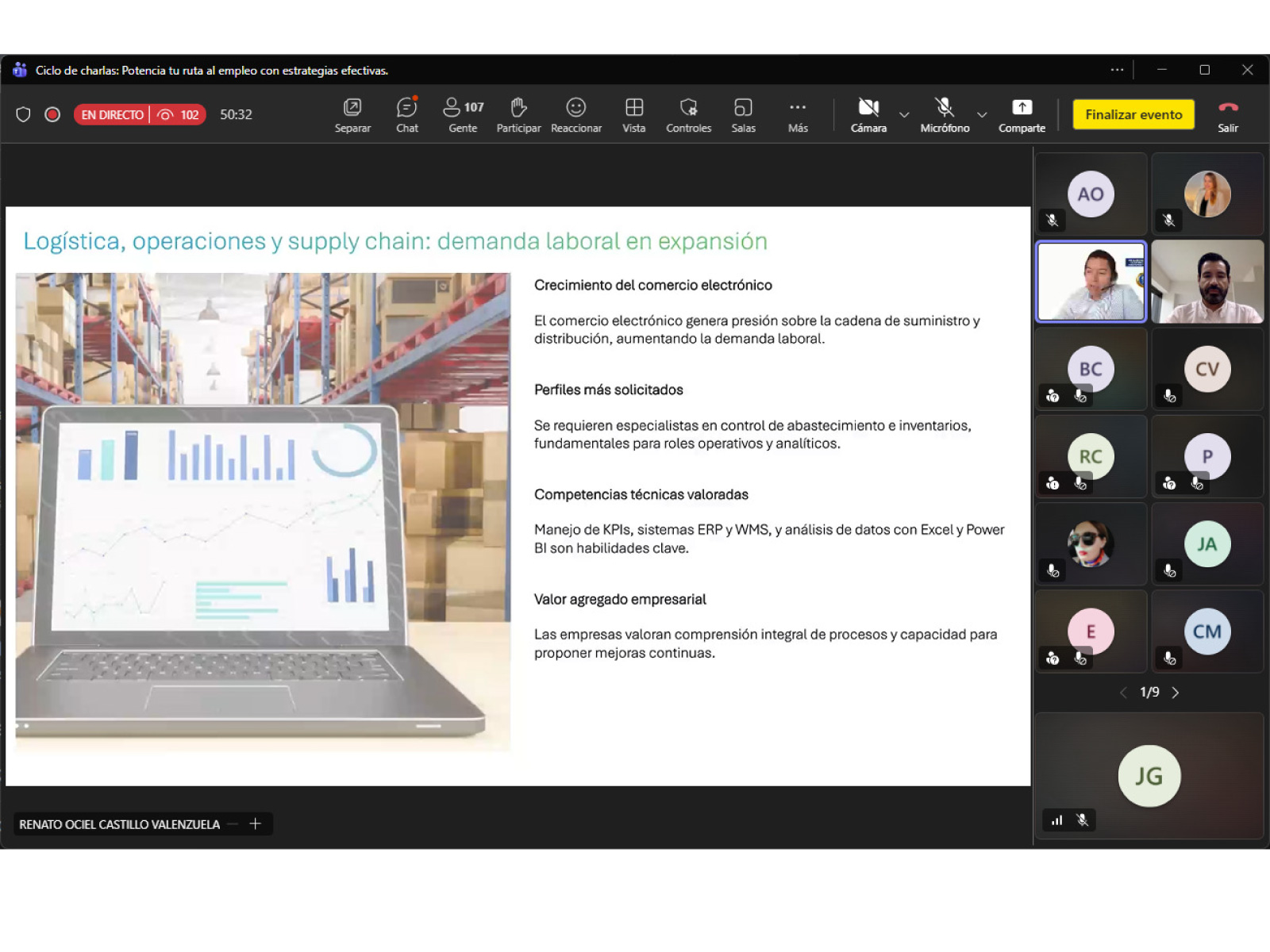 Slide de una entrega en una videoconferencia: título en español sobre logística y demanda laboral, imagen de almacén y portátil con gráficos; panel de participantes a la derecha.