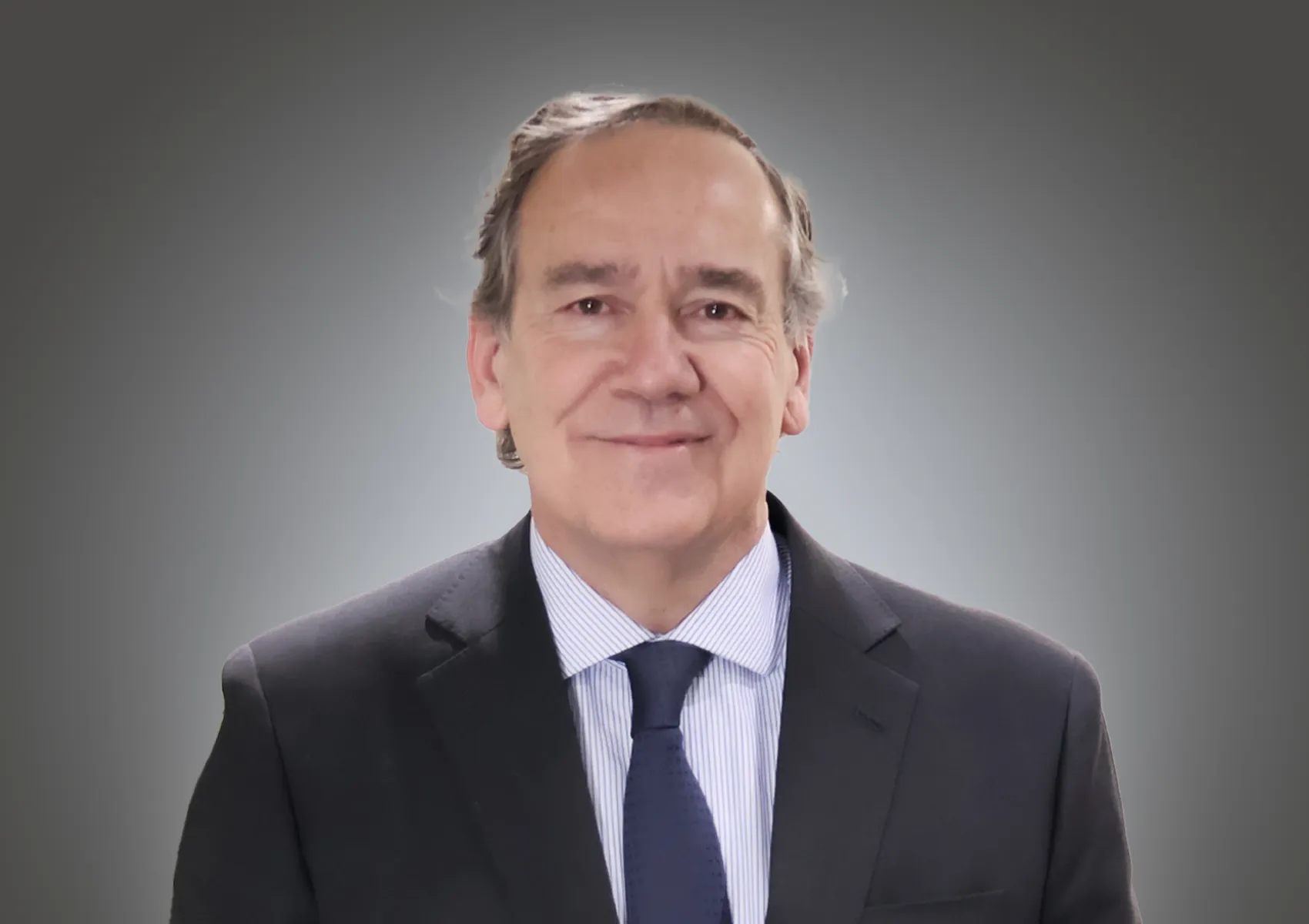 Portrait of a smiling middle-aged man in a dark suit and blue tie, against a gray gradient backdrop, head and shoulders visible (corporate headshot).