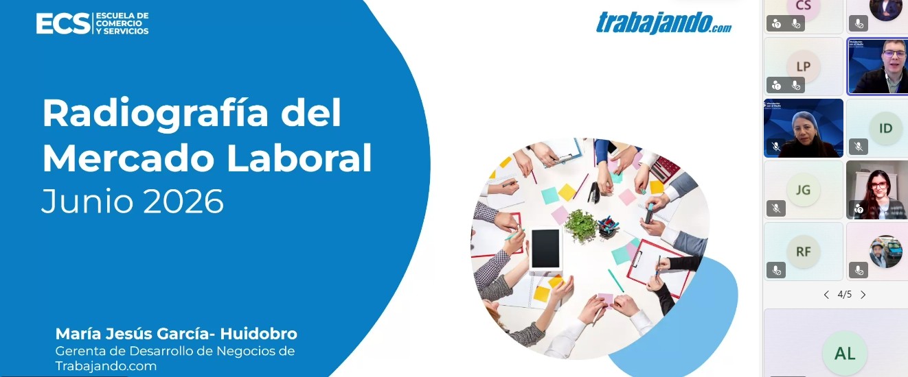 Banner slide with Spanish title 'Radiografía del Mercado Laboral' and 'Junio 2026'; blue left panel and round collage of people collaborating on the right, ECS logo present in top left.