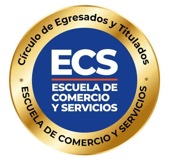 Gold circular seal with blue center displaying 'ECS Escuela de Comercio y Servicios'; outer gold ring reads 'Círculo de Egresados y Titulados' (graduates and graduates circle).