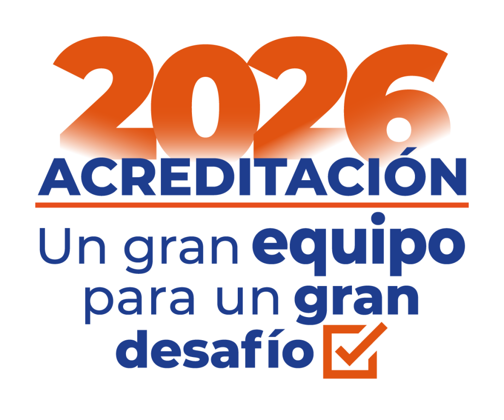 Logo de 2026 Acreditación con el eslogan 'Un gran equipo para un gran desafío' y marca de verificación naranja