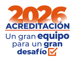 Logo de 2026 Acreditación con el eslogan 'Un gran equipo para un gran desafío' y marca de verificación naranja