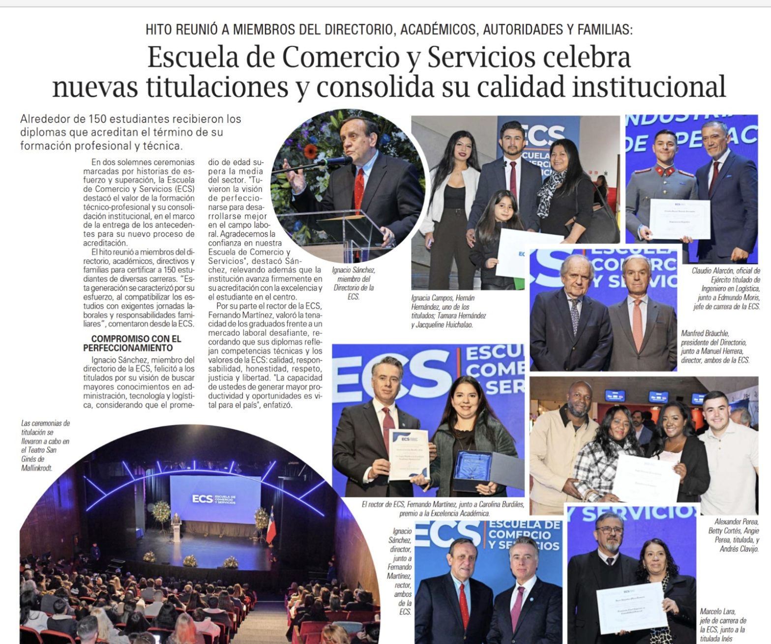 Portada de noticia sobre la ECS con fotos de graduados recibiendo diplomas en un evento institucional y autoridades presentes.