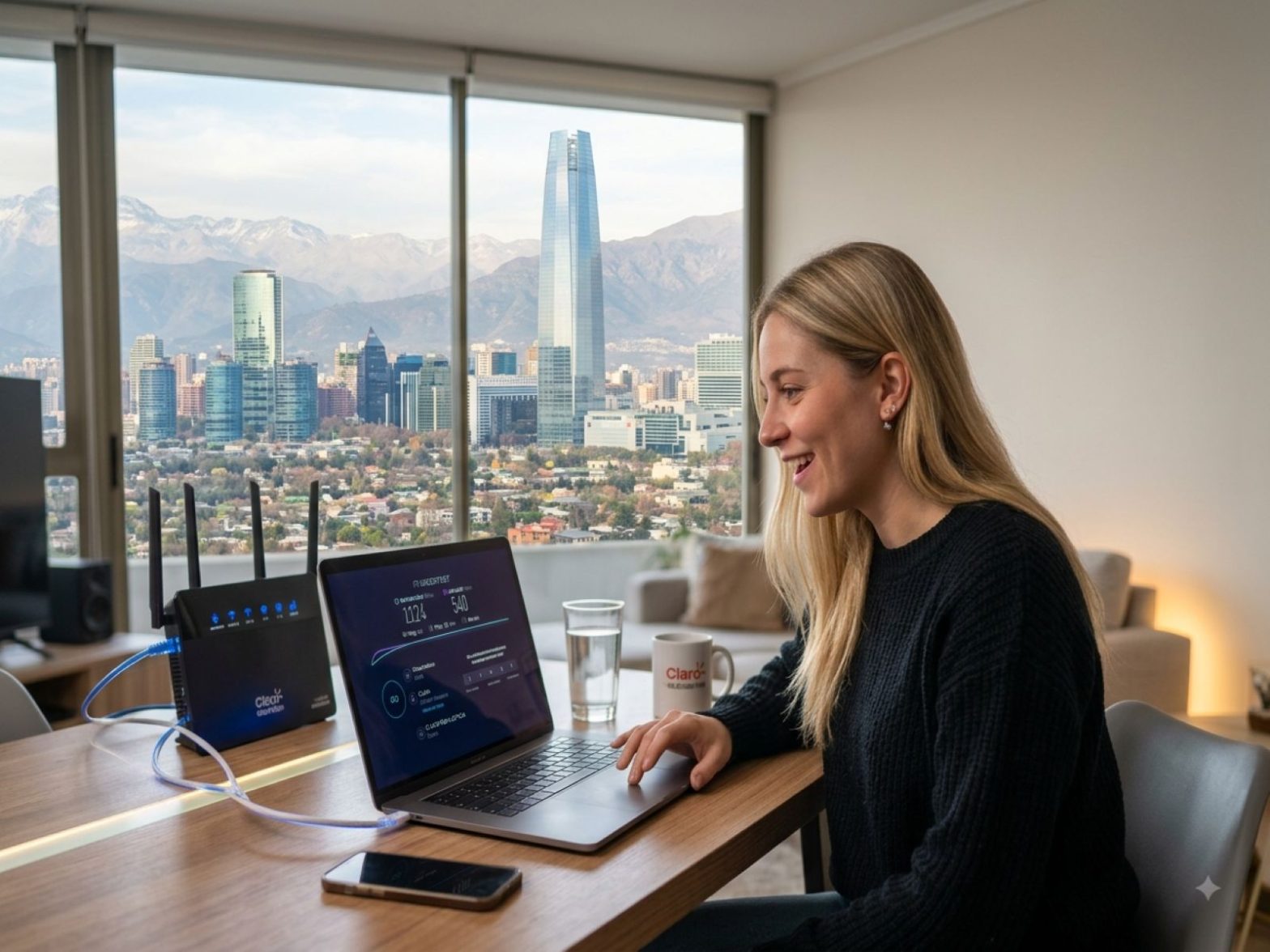 Woman working on a laptop at a desk with a cityscape view through large windows behind her, a router and mug nearby.