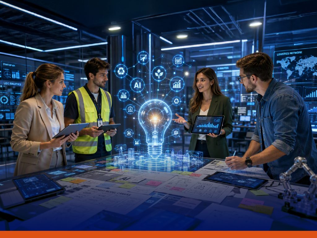 Four professionals collaborate around a glowing holographic lightbulb and AI network icons in a high-tech data lab, reviewing charts and tablets.