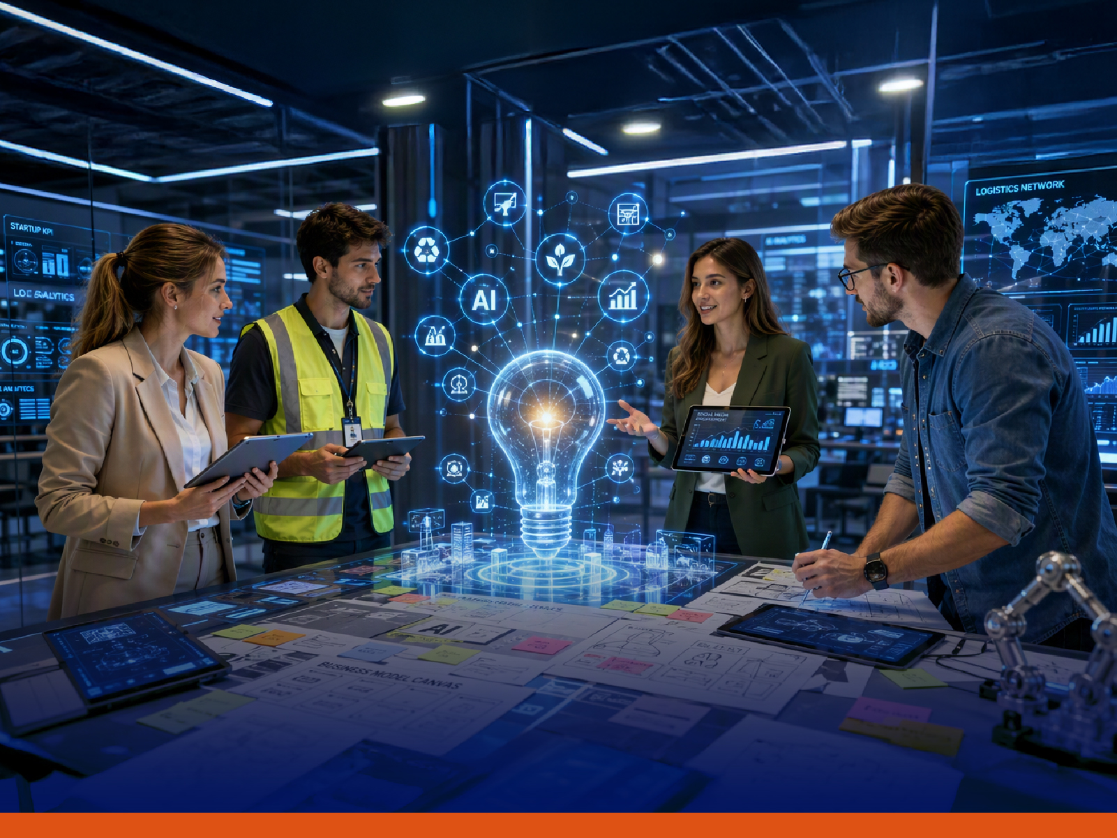 Four professionals collaborate around a glowing holographic lightbulb and AI network icons in a high-tech data lab, reviewing charts and tablets.