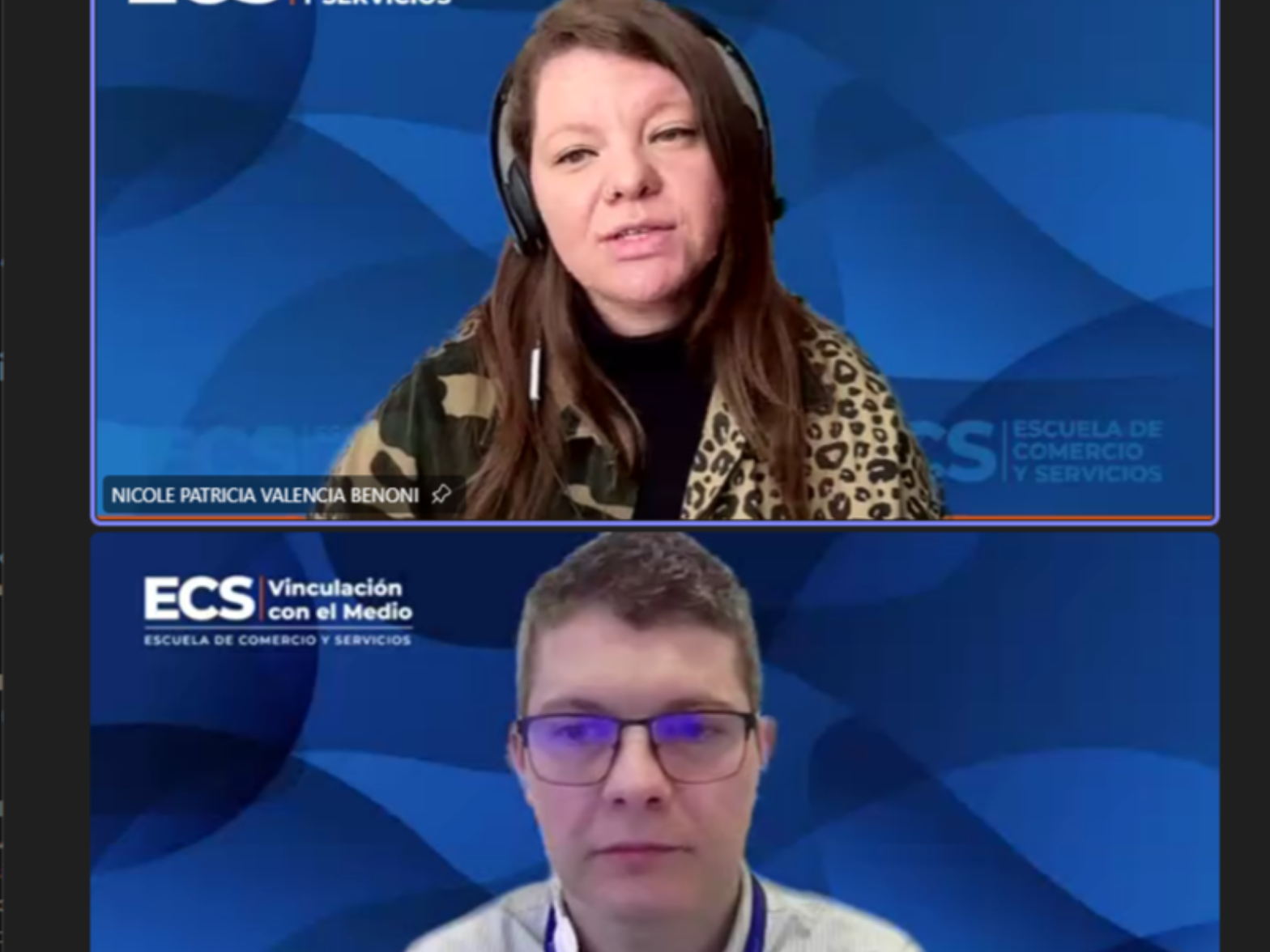 Two people in a split-screen video call: top woman with headset speaking, camo jacket; bottom man wearing glasses, looking at the camera, with a blue branded ECS backdrop