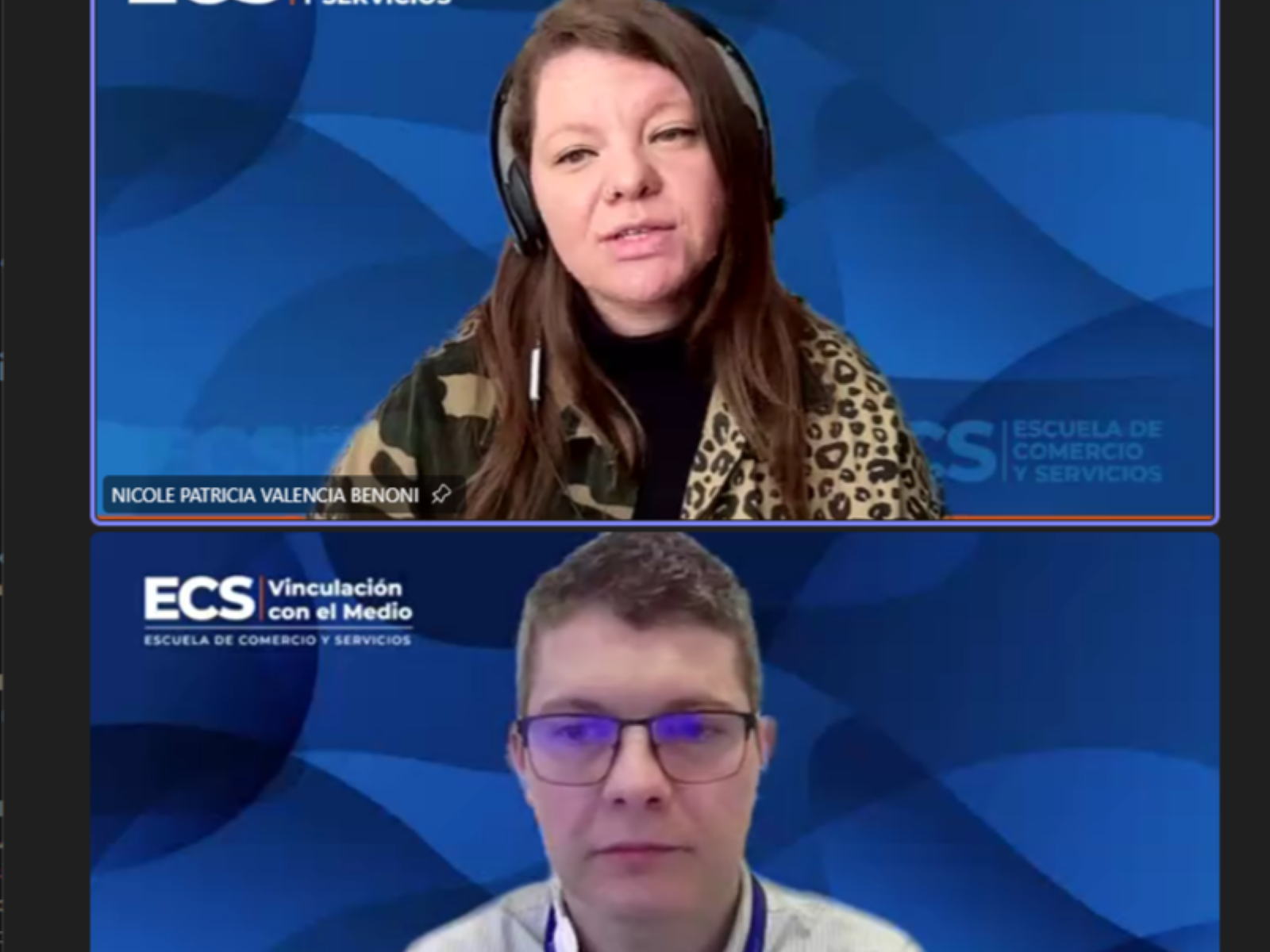 Two people in a split-screen video call: top woman with headset speaking, camo jacket; bottom man wearing glasses, looking at the camera, with a blue branded ECS backdrop