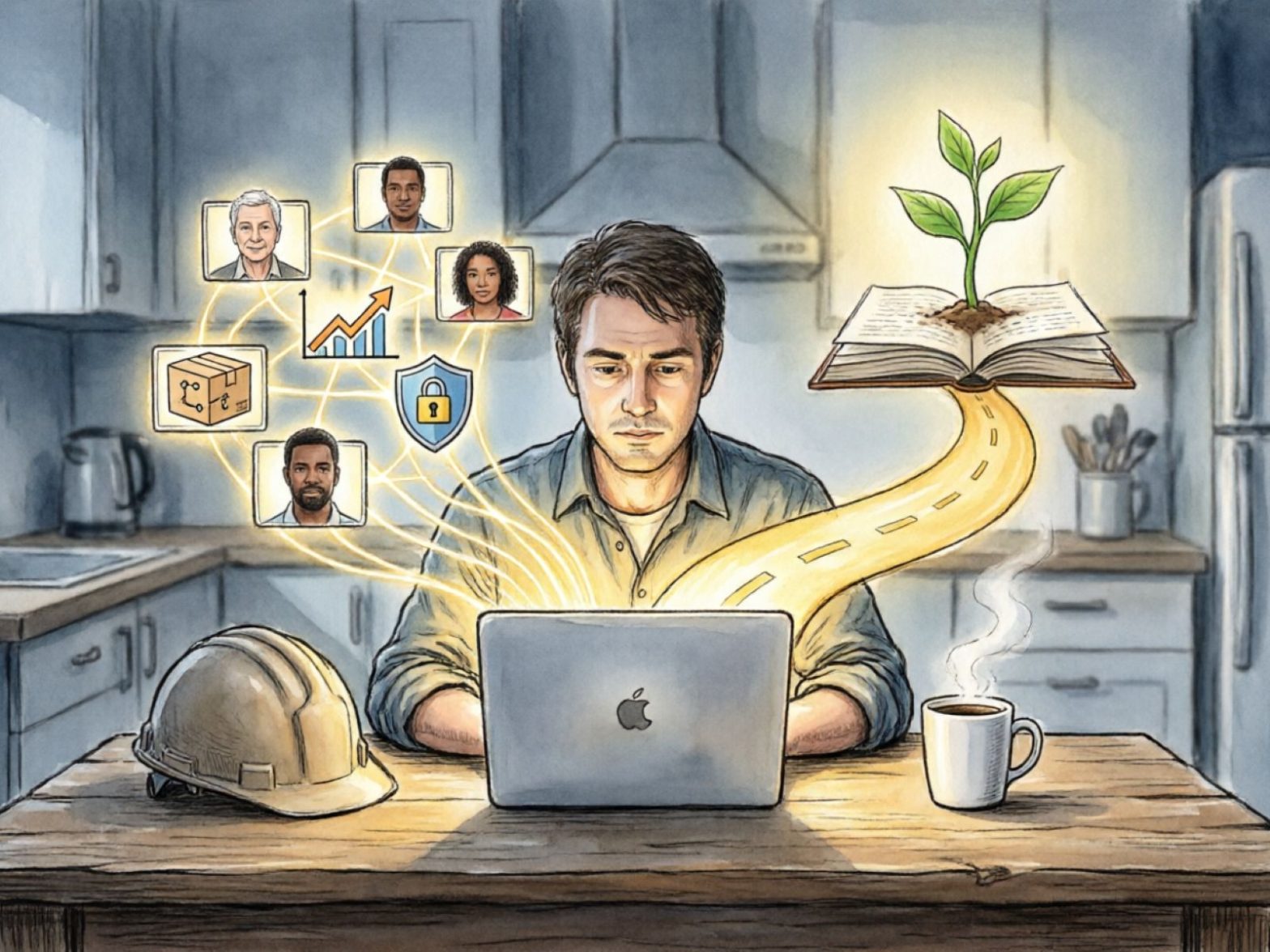 Man working on a laptop with glowing network icons and floating profiles around him, plus a plant growing from an open book to the right in a kitchen setting.