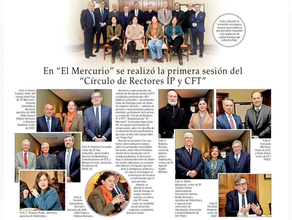 Group photo of education leaders at a formal meeting for a newspaper feature on the Círculo de Rectores IP y CFT (El Mercurio).