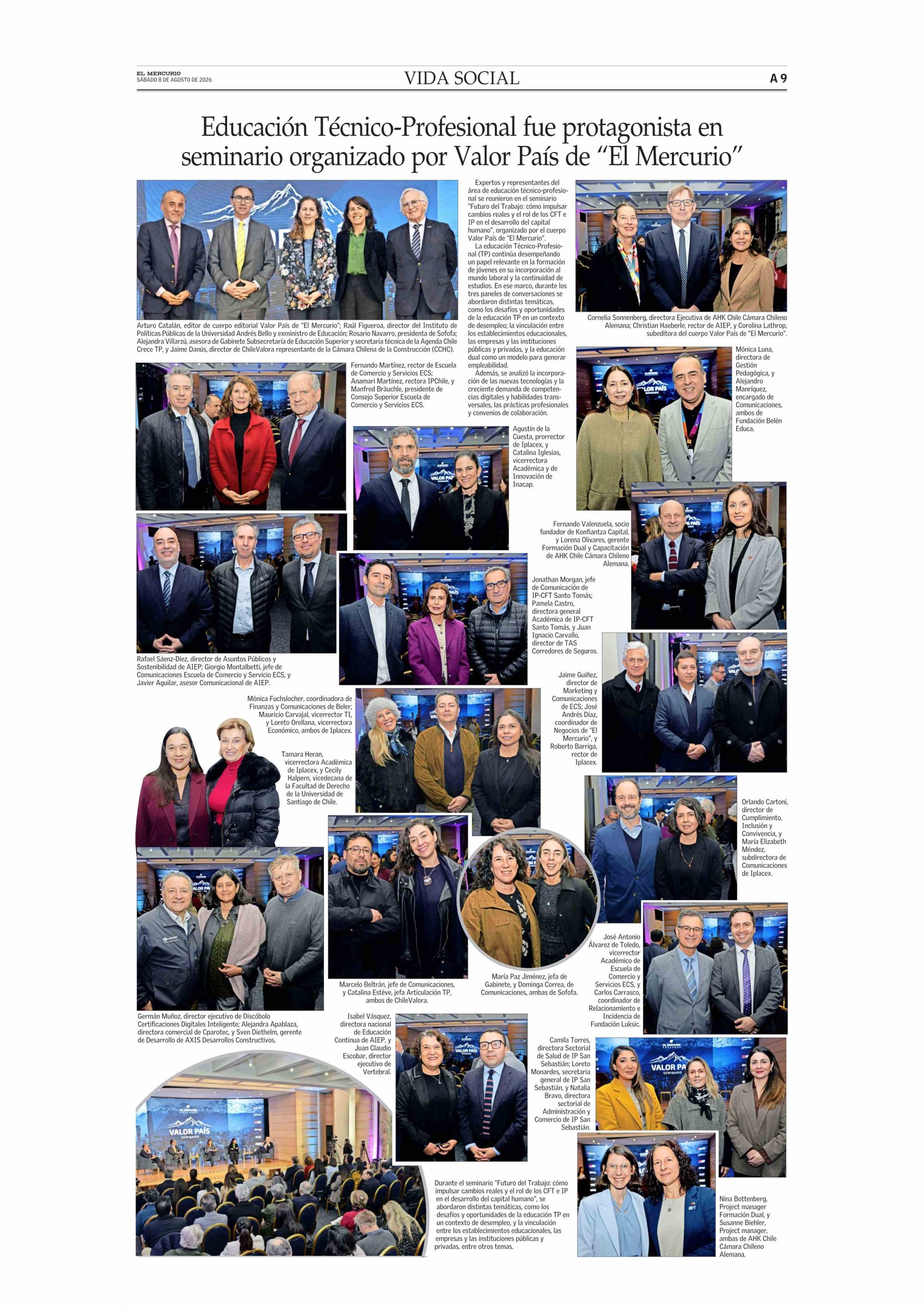Collage of numerous professionals at a seminar on technical-professional education organized by Valor País and El Mercurio, with group photos and captioned portraits across the page.
